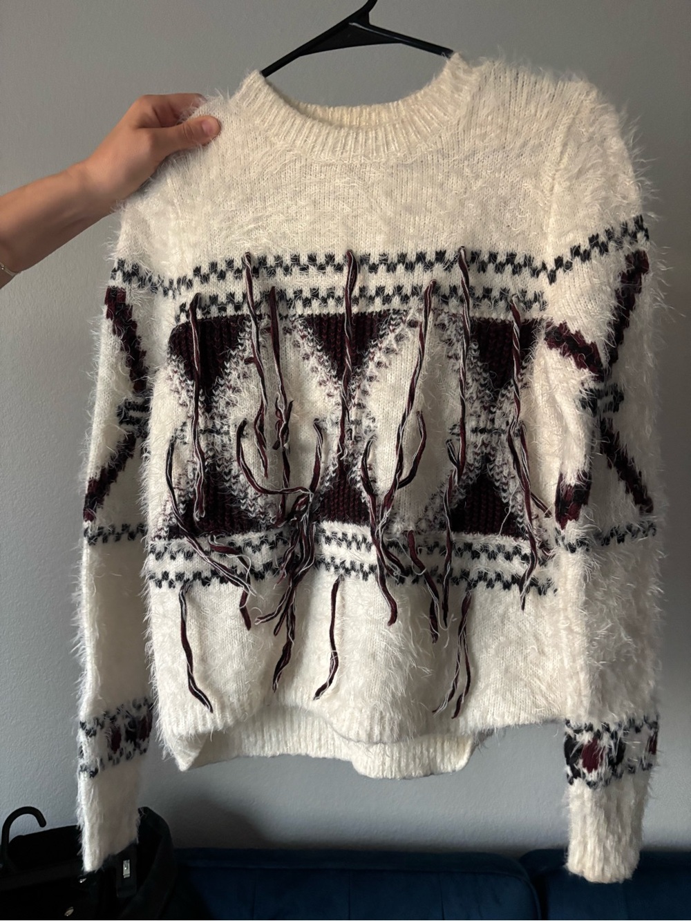 Forever 21 Cream Fuzzy Crew Sweater with Burgundy and Black Pattern